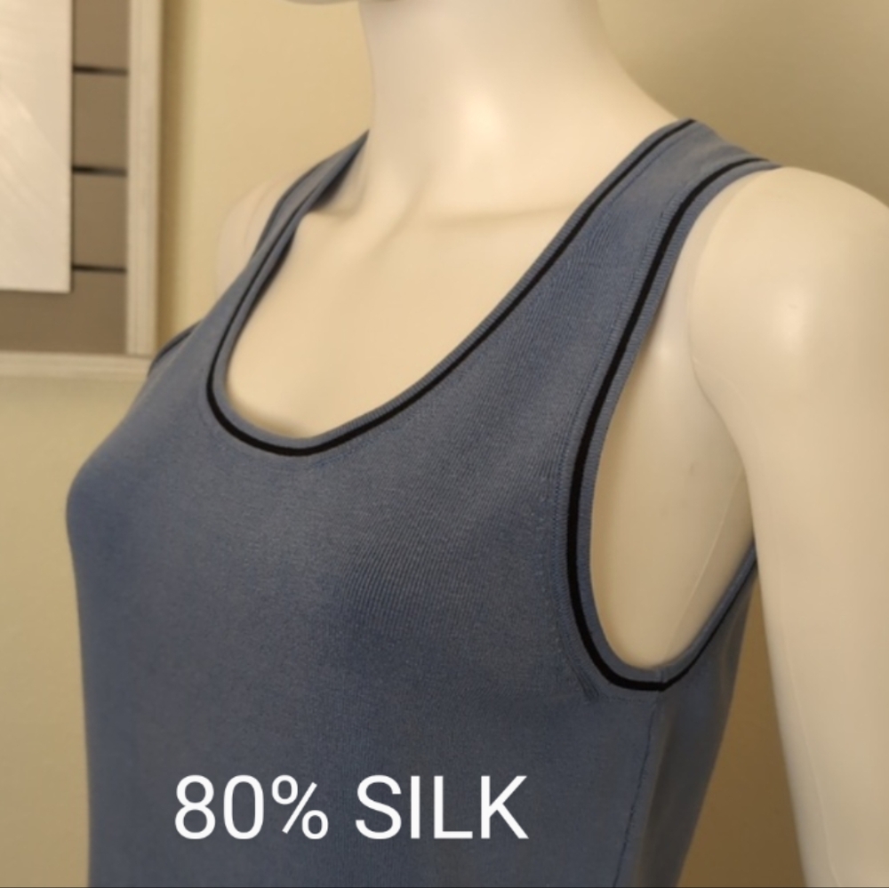 WilliSmith® Silk Blend Dusty Blue w Black Stripes Scoop Neck Tank Top EUC SzL